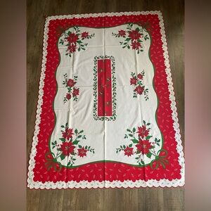 Vtg MCM Christmas Tablecloth Poinsettia Holly Ribbon Rectangle Holiday Seasonal